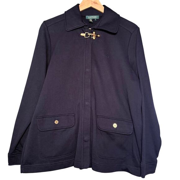Lauren Ralph Lauren Jacket Gold Clasp 100% Cotton Navy Blue Womens L Classic - Picture 1 of 13